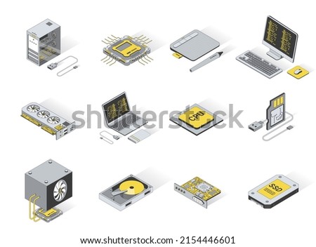 Computer elements concept 3d isometric icons set. Pack elements of laptop, processor, touchpad, keyboard, monitor, cpu, ssd, video card, gpu and other. Vector illustration in modern isometry design