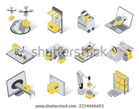 Delivery concept 3d isometric icons set. Pack elements of flying drone, global shipping, online shopping, tracking app, upload, warehouse and other. Vector illustration in modern isometry design