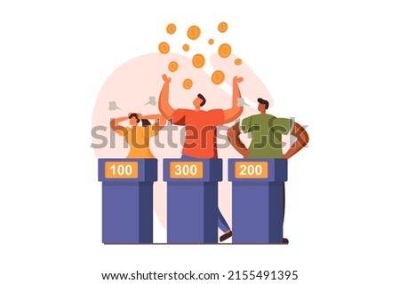 Happy competition champions web concept in flat design. Man takes part in quiz game TV show, pick up lot of score and winning money prize. Victory celebration. Vector illustration with people scene