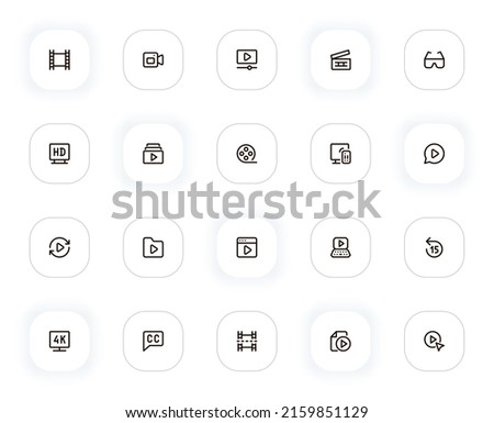 Video and movies line icons set. Film reel, player, clapperboard, 3d glasses, subtitles, cinema. Vector outline pictograms for web and ui, ux mobile app design. Editable Stroke. 24x24 Pixel Perfect.