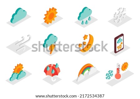 Weather forecast concept 3d isometric icons set. Pack isometry elements of cloud, sun, rain, snowflake, wind, lightning, moon, star, umbrella and other. Vector illustration for modern web design