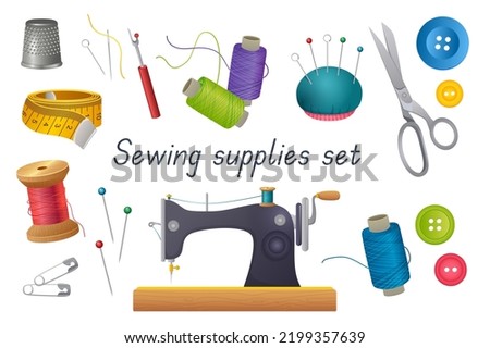 Sewing tools 3d realistic set. Bundle of thimble, needles, pins in holder, thread in reels, scissors, buttons, measuring tape, sewing machine, yarn and other isolated elements.Vector illustration Foto stock © 