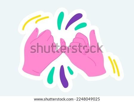 Human hands holding little fingers, pinky promise symbol. Vector illustration in cartoon sticker design