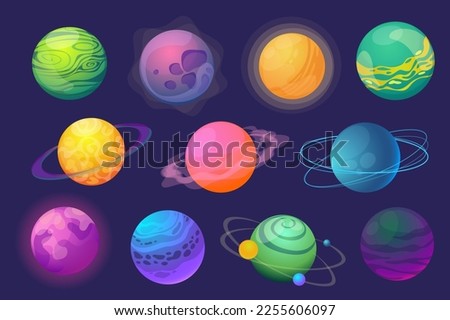 Fantasy planets set graphic elements in flat design. Bundle of colourful abstract cosmic planets with orbits, holes, satellites and rings for fantastic galaxy. Vector illustration isolated objects