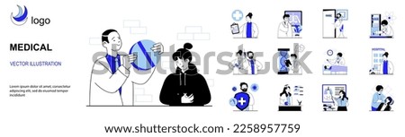Medical concept with character situations collection. Bundle of scenes people receive medication treatment, visit doctor, vaccination, diagnostics in clinic. Vector illustrations in flat web design