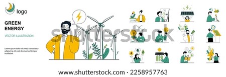 Green energy concept with character situations collection. Bundle of scenes people use alternative energy sources, conserve water and electricity, recycling. Vector illustrations in flat web design