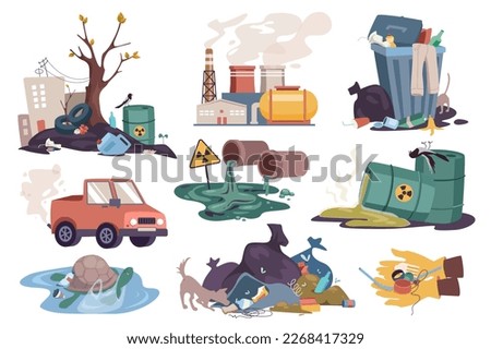 Environmental pollution set graphic elements in flat design. Bundle of dump garbage, factory emissions, dumpster, car exhaust, toxic waste in barrels and other. Vector illustration isolated objects