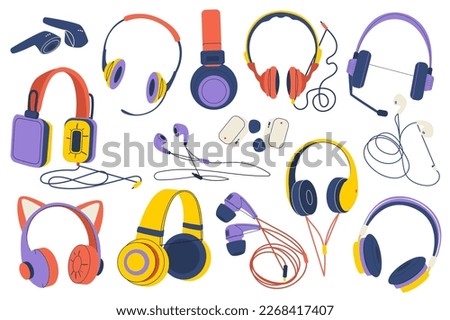 Headphones set graphic elements in flat design. Bundle of devices for listening to music and audio, earphones of various shapes, wireless vacuum plugs and other. Vector illustration isolated objects