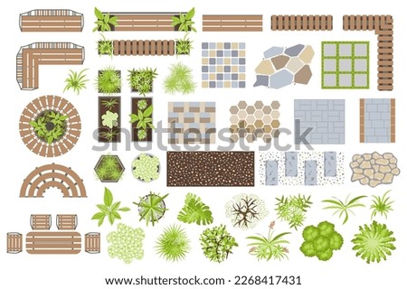 Architectural elements set graphic elements in flat design. Bundle of pathways, tiles, plants, table, chairs, benches and other in top view for garden yard map. Vector illustration isolated objects