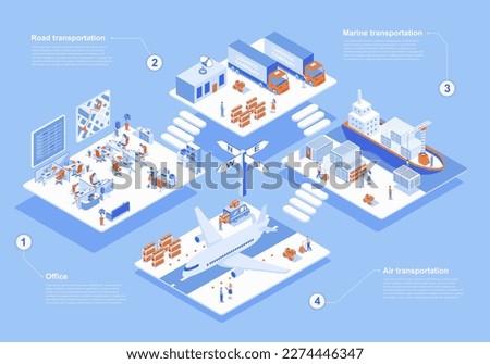 Logistic company concept 3d isometric web scene with infographic. People working in delivery office and provide road, marine and air transportations. Vector illustration in isometry graphic design