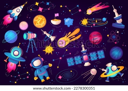 Cosmos set graphic elements in flat design. Bundle of cute astronaut, spaceships, planets, comets, stars, satellites, asteroids and other flying celestial bodies. Vector illustration isolated objects