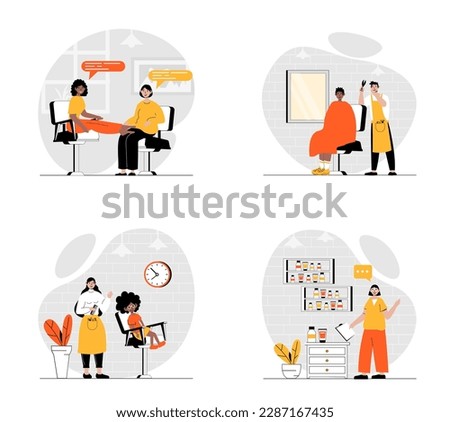 Beauty salon concept with character set. Collection of scenes people in barbershop, get haircut and hair styling, pedicure or skincare, beautician consultation. Vector illustrations in flat web design