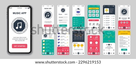 Music mobile app screens set for web templates. Pack of login, songs playlist, audio player, equalizer, settings, streaming and other mockups. UI, UX, GUI user interface kit for layouts. Vector design