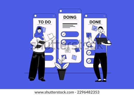 Kanban web concept with character scene in flat design. People using cards with tasks on board for visualizing workflow and works on project. Vector illustration for social media marketing material.