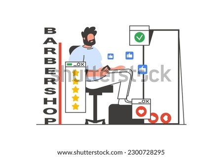 Barbershop outline web concept with character scene. Man gets haircut, styling, beard grooming at salon. People situation in flat line design. Vector illustration for social media marketing material.
