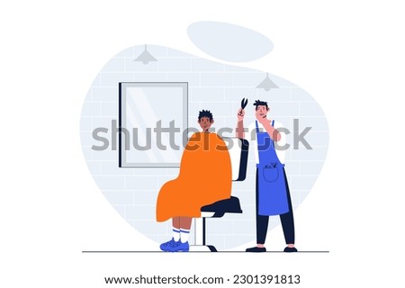 Beauty salon web concept with character scene. Man getting haircut and hair styling from barber in barbershop. People situation in flat design. Vector illustration for social media marketing material.
