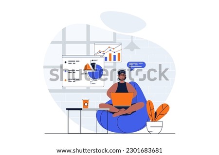 Freelance working web concept with character scene. Man making data report while sitting in chair at home. People situation in flat design. Vector illustration for social media marketing material.