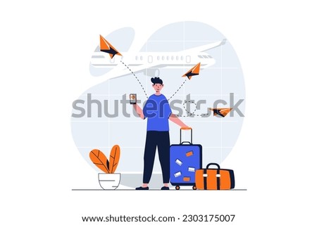 Travelling web concept with character scene. Man with suitcase waiting for flight on vacation in airport. People situation in flat design. Vector illustration for social media marketing material.