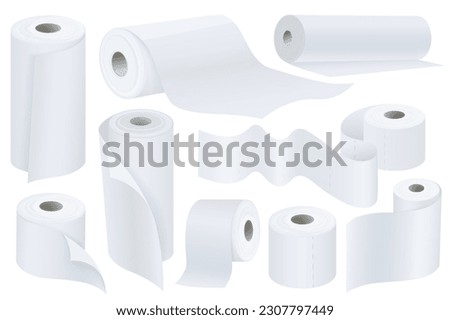 Toilet paper mega set graphic elements in flat design. Bundle of white paper rolls mockups with wave tape of hygienic wipes, kitchen towels or washroom accessory. Vector illustration isolated objects