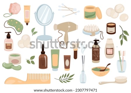 Bathroom items mega set graphic elements in flat design. Bundle of creams, mirror, cotton buds, cosmetics, sleep mask, lotion, hair dryer, massage brush, other. Vector illustration isolated objects