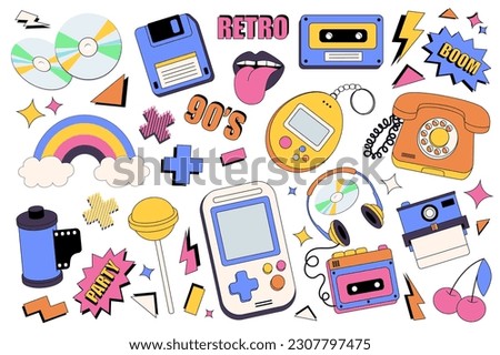 90s retro style mega set graphic elements in flat design. Bundle of music discs, floppy disk, mouth with tongue, cassette, toys and devices, rainbow, candy, other. Vector illustration isolated objects