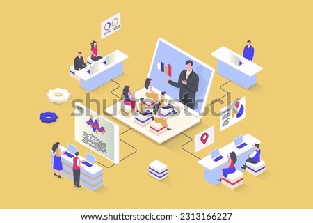 Coaching concept in 3d isometric design. Business coach making lecture for company employees, improves sales performance and profit. Vector illustration with isometry people scene for web graphic