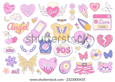 Y2k and 90s vintage style objects mega set in graphic flat design. Bundle elements of pink hearts, smiles, butterflies, mobile phone, t-shirt, cd player, other. Vector illustration isolated stickers