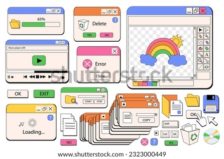 Windows browser objects mega set in graphic flat design. Bundle elements of 80s 90s retro style of computer windows of loading files, player and other templates. Vector illustration isolated stickers