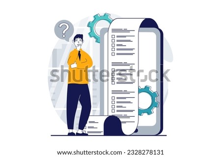 Online survey concept with people scene in flat design for web. Man thinking and choosing right answers for filling questionnaire. Vector illustration for social media banner, marketing material.