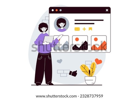 Social network concept with people scene in flat design for web. Woman registering and filing online profile, adding photo and posts. Vector illustration for social media banner, marketing material.