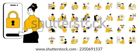Cyber security concept with character situations mega set. Bundle of scenes people protect personal data, password access, financial account secure and other. Vector illustrations in flat web design