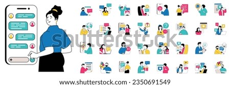 Social media concept with character situations mega set. Bundle of scenes people connecting online, sending messages, posts new photos, search info and other. Vector illustrations in flat web design