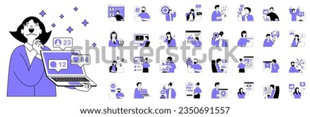 Social network concept with character situations mega set. Bundle of scenes people chatting, posting photos, sending messages, sharing links, likes and other. Vector illustrations in flat web design