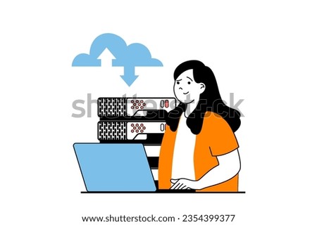 Cloud computing concept with people scene in flat web design. Woman making sync online and processing with online database at laptop. Vector illustration for social media banner, marketing material.