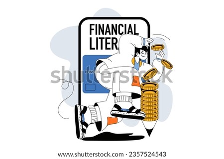 Financial literacy concept with people scene in flat line design for web. Man uses online bank data for money management and savings. Vector illustration for social media banner, marketing material.