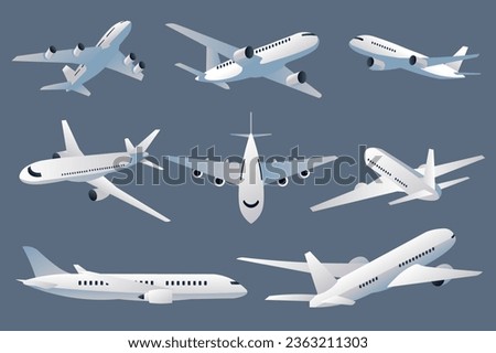 Passenger aircraft mega set elements in flat design. Bundle of flying planes with aviation turbine wings, airplanes in front, takeoff or landing views. Vector illustration isolated graphic objects