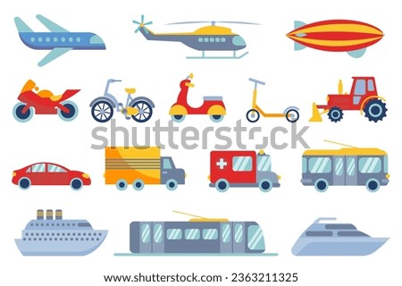 Transport mega set elements in flat design. Bundle of airplane, helicopter, airship, motorcycle, bike, kick scooter, tractor, car, truck, ships and other. Vector illustration isolated graphic objects