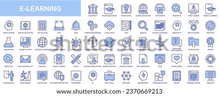 E-learning web icons set in blue line design. Pack of university, online education, knowledge, global, audio book, video lesson, course, cloud processing, test, other. Vector outline stroke pictograms