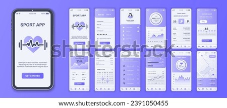 Fitness mobile app interface screens template set. Account login, calorie tracking, sport trainings list, weight data, calendar, map. Pack of UI, UX, GUI kit for application web layout. Vector design.