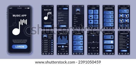 Music mobile app interface screens template set. Account login, settings, playlist, singers follow, audio player, radio broadcasting. Pack of UI, UX, GUI kit for application web layout. Vector design.