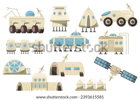 Mars colonization mega set in flat design. Bundle elements of machinery, rovers, satellites and robots equipment for space exploration mission station. Vector illustration isolated graphic objects