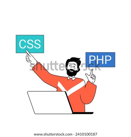 Programming concept with cartoon people in flat design for web. Man working as software developer and coding in css and php languages. Vector illustration for social media banner, marketing material.