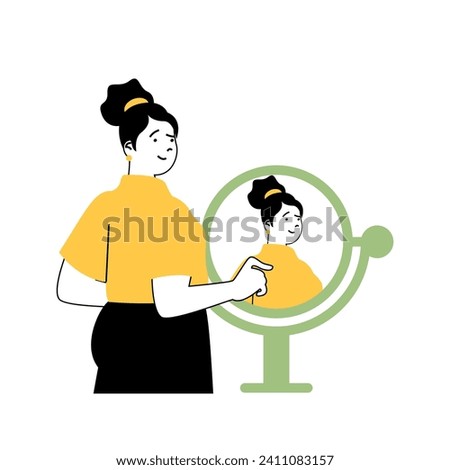 Beauty salon concept with cartoon people in flat design for web. Woman getting hairstyle and stylish makeover and looking in mirror. Vector illustration for social media banner, marketing material.