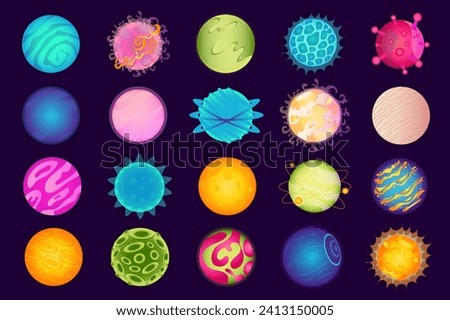 Galaxy planets mega set in flat design. Bundle elements of colourful abstract alien planets and fantastic cosmos universe celestial spheres for space game. Vector illustration isolated graphic objects