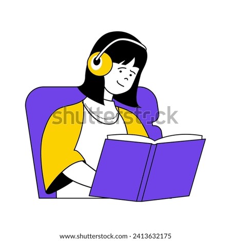 Book reading concept with cartoon people in flat design for web. Woman reads textbooks or pastime with new graphic novel or fairytale. Vector illustration for social media banner, marketing material.