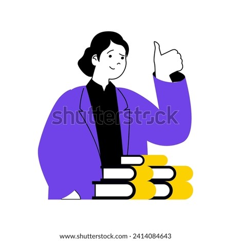 Book reading concept with cartoon people in flat design for web. Woman with stack of books researching new business information. Vector illustration for social media banner, marketing material.