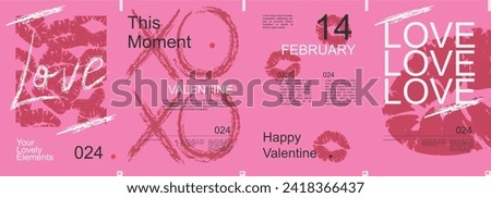 Valentine day modern banner with trendy minimalist typography design. Poster templates with female lips kiss print, love and abstract geometric shapes and text elements on pink. Vector illustration.