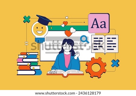 Book reading concept in flat neo brutalism design for web. Woman reads novels, learning textbook or e-book, pastime with literature. Vector illustration for social media banner, marketing material.