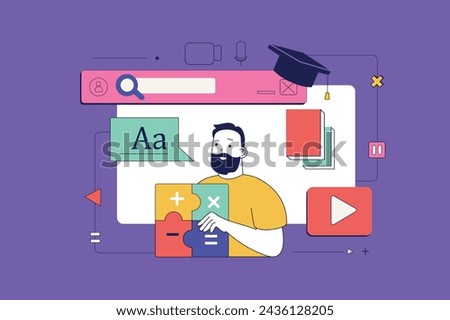 Education concept in flat neo brutalism design for web. Student studying at online courses, learning tutorials at university class. Vector illustration for social media banner, marketing material.