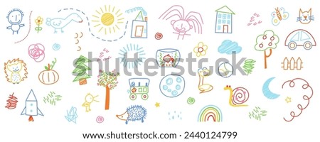 Cute kid scribble mega set in flat graphic design. Bundle elements of childish crayon doodle drawings with animals, characters, sun, trees, houses, rainbow, other. Vector illustration isolated objects